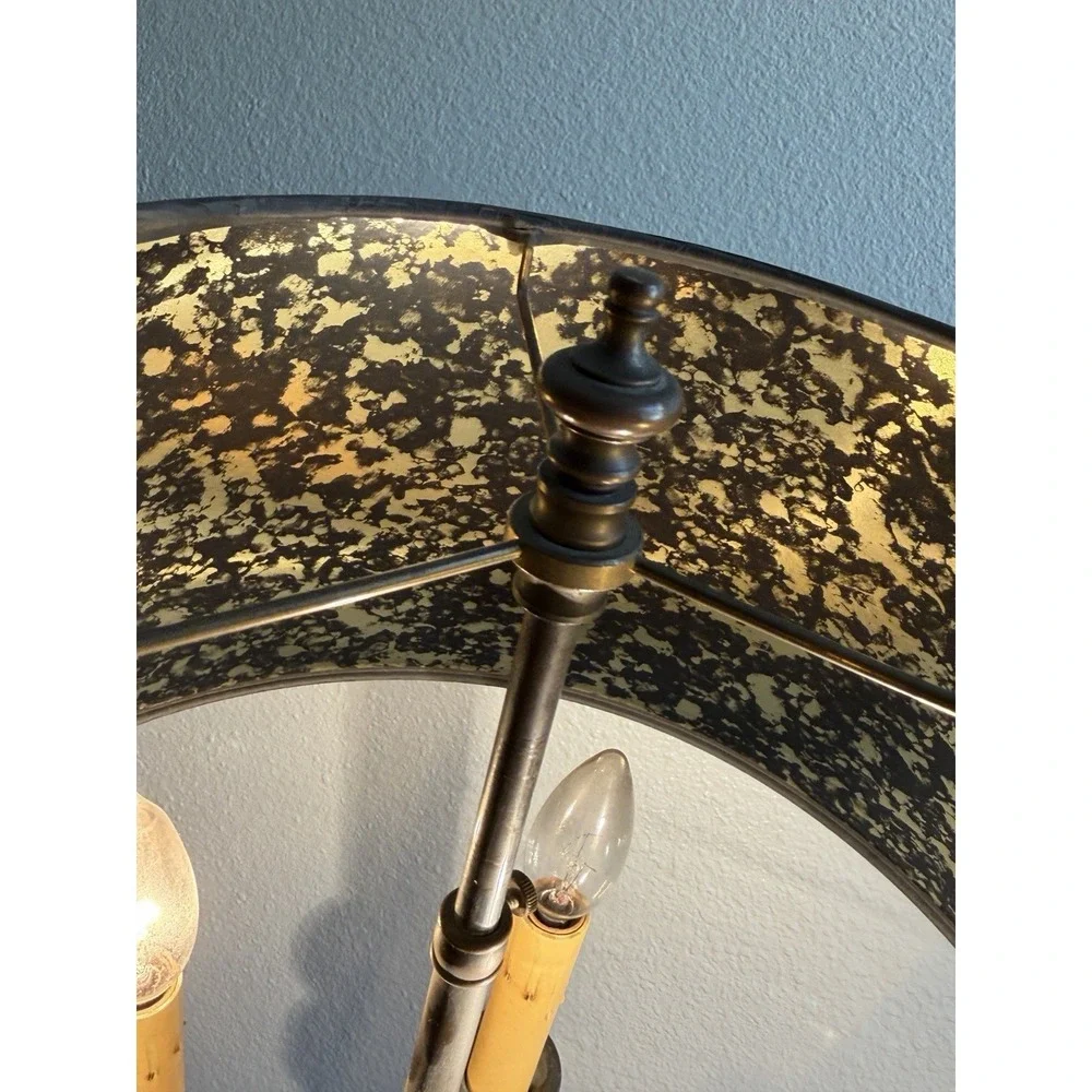 Vintage Brass Desk Table Lamp w/ Black And‎ Gold Designed Shade 4 Candle Lights
